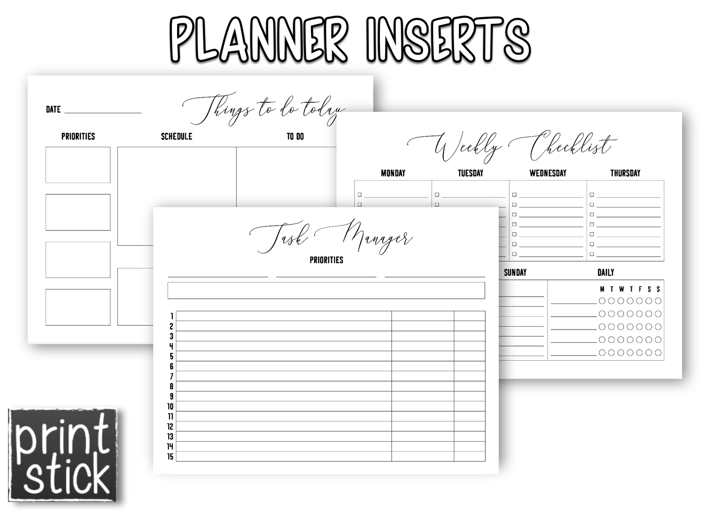Planner Inserts - 'Black' Style - Print Stick
