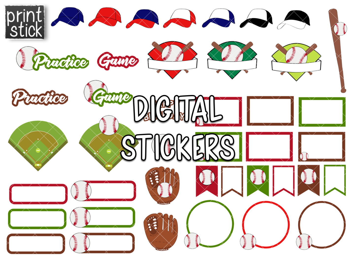 SS Baseball Digital Planner Stickers - Print Stick