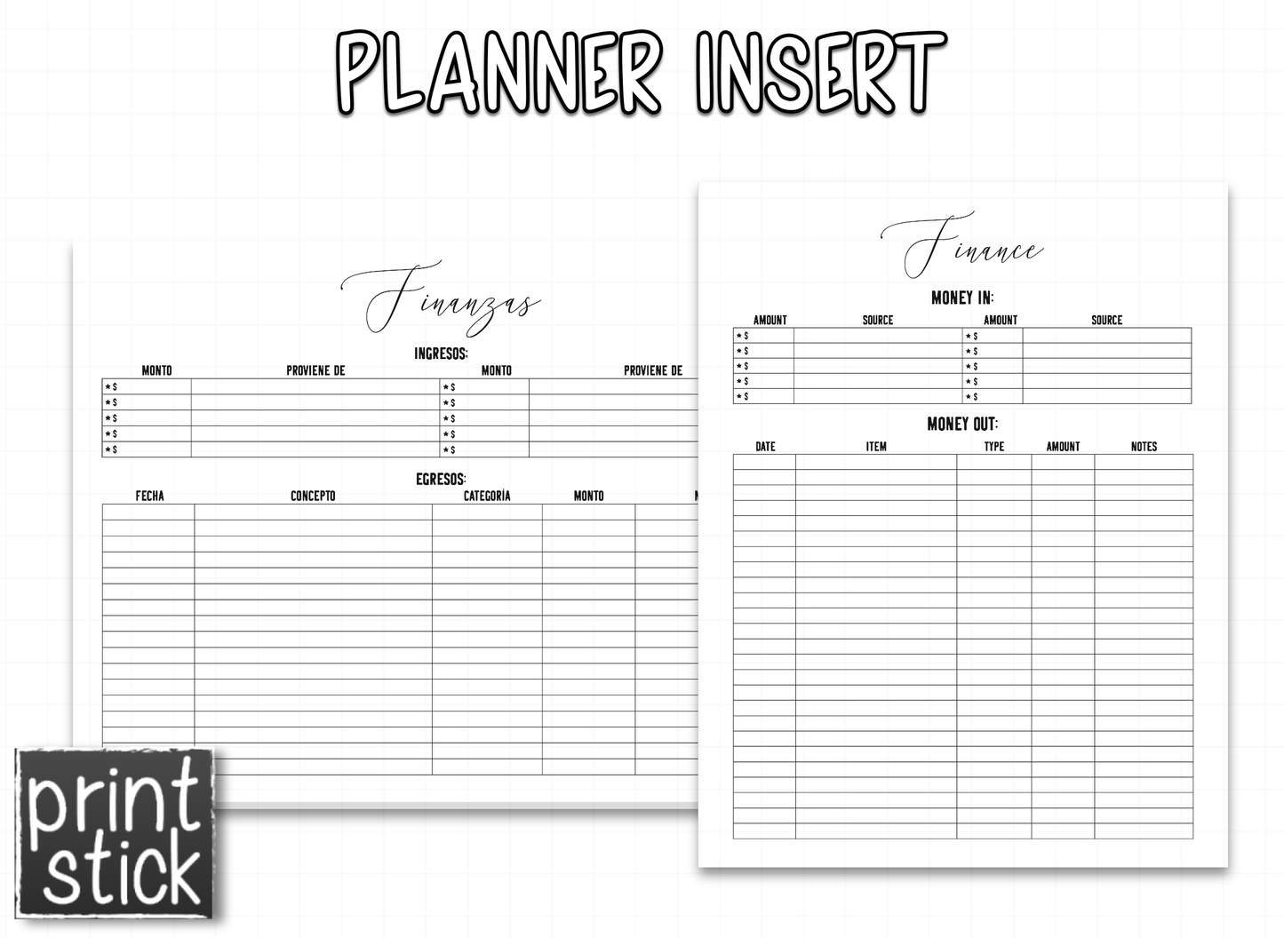 Planner Inserts - 'Black' Style - Print Stick