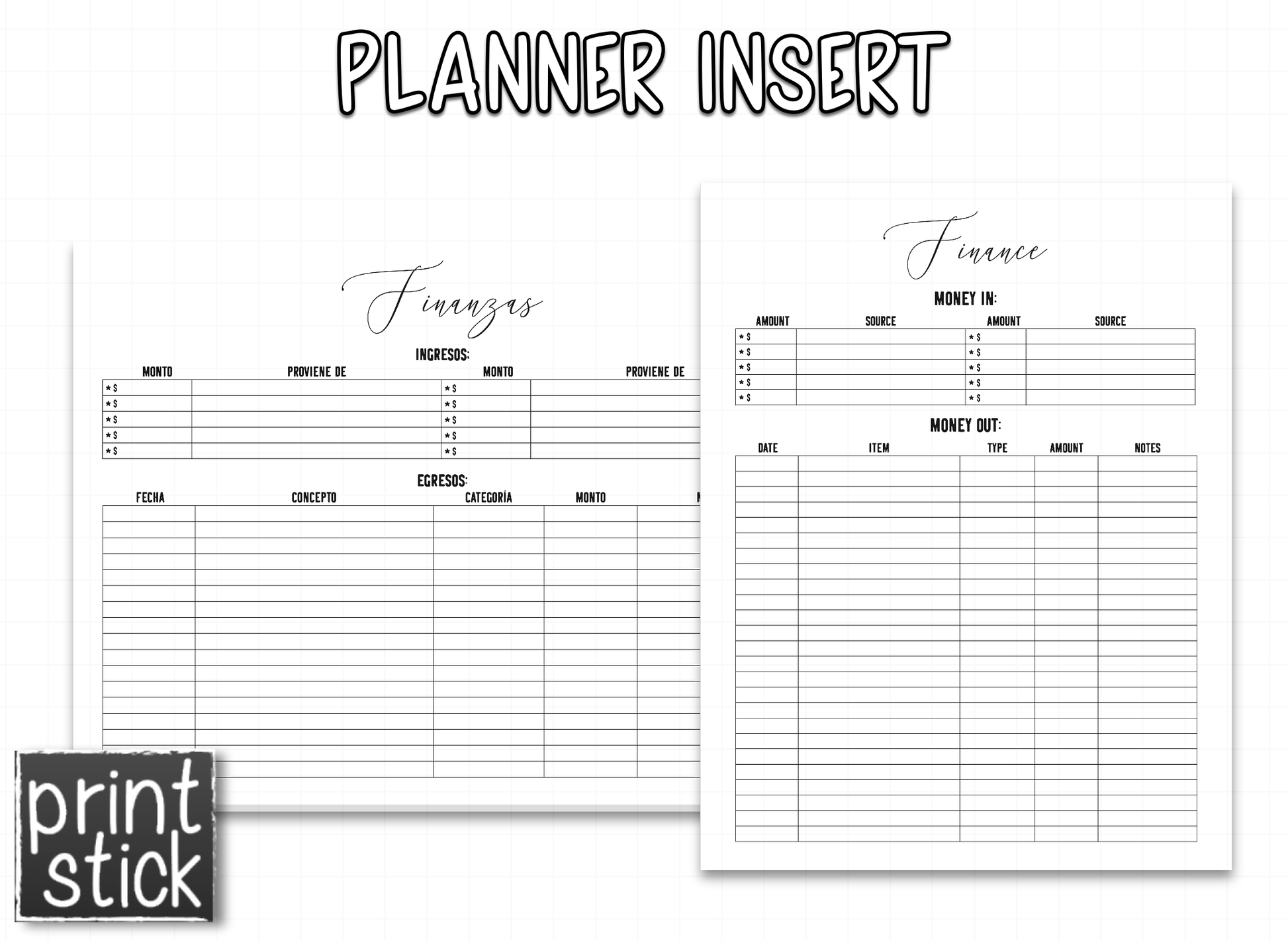 Planner Inserts - 'Black' Style - Print Stick
