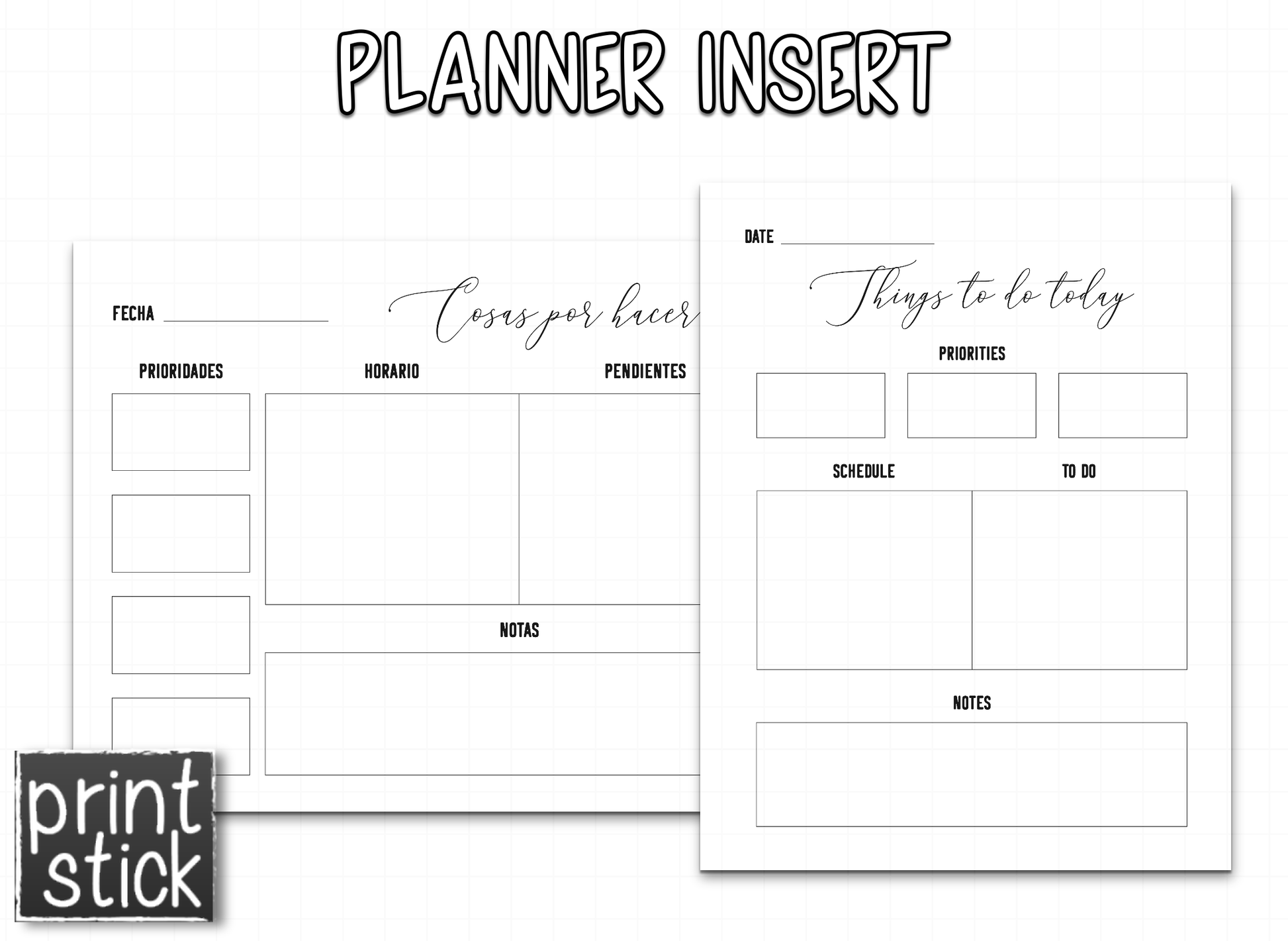 Planner Inserts - 'Black' Style - Print Stick