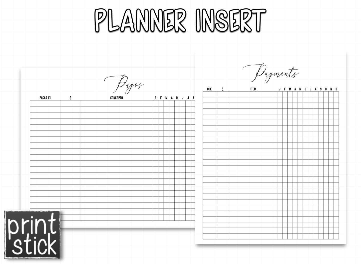 Planner Inserts - 'Black' Style - Print Stick