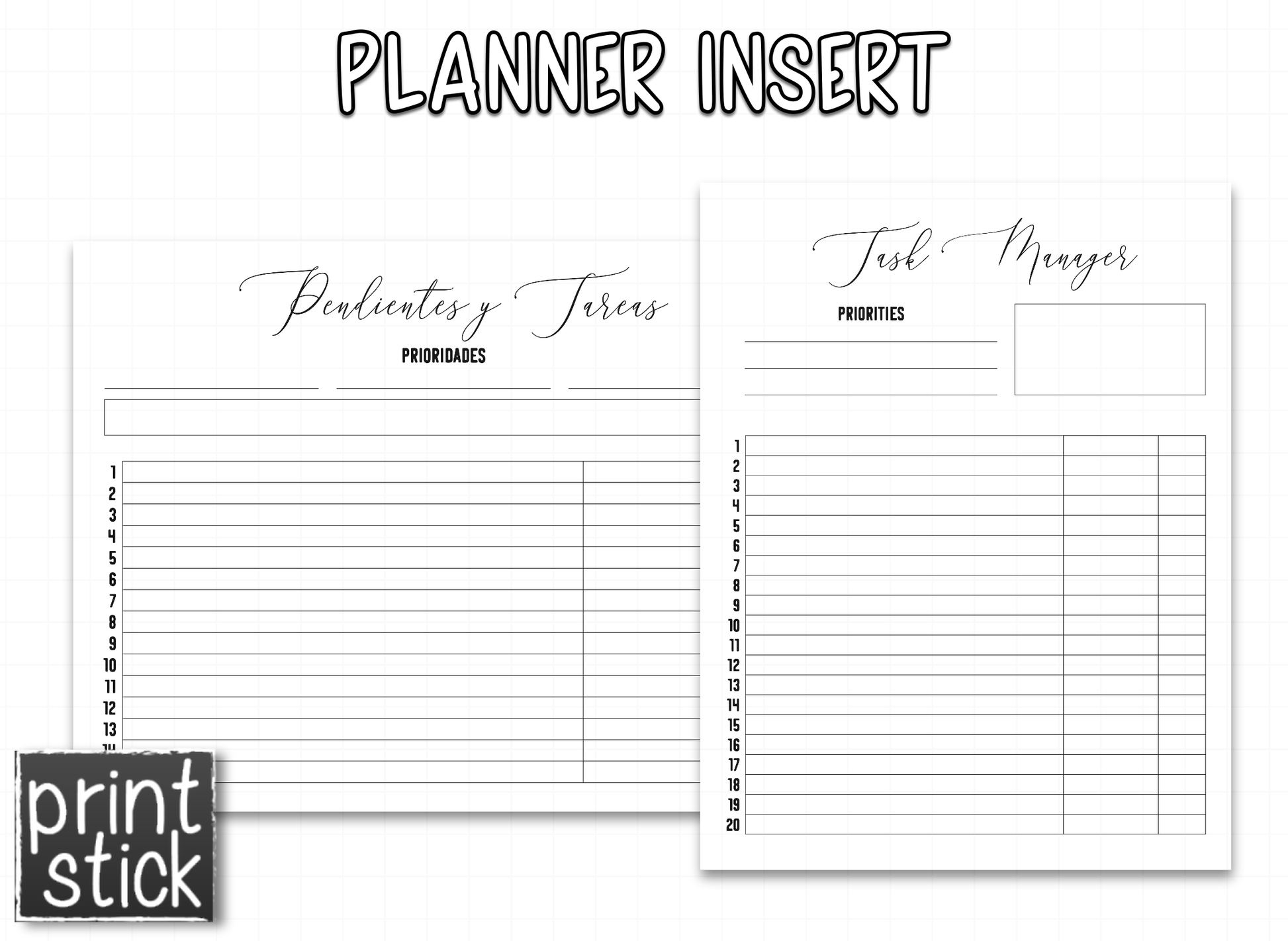 Planner Inserts - 'Black' Style - Print Stick