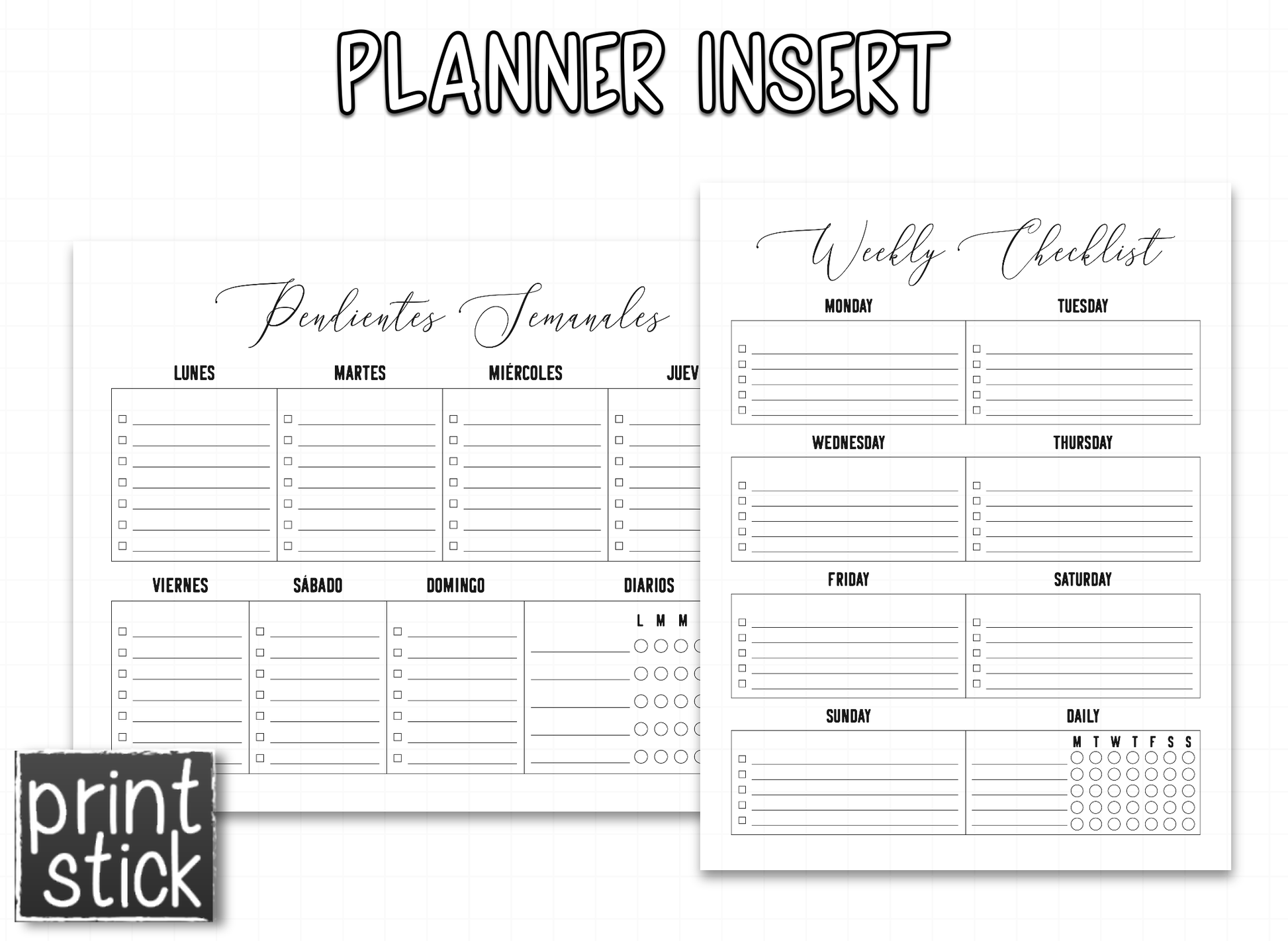 Planner Inserts - 'Black' Style - Print Stick