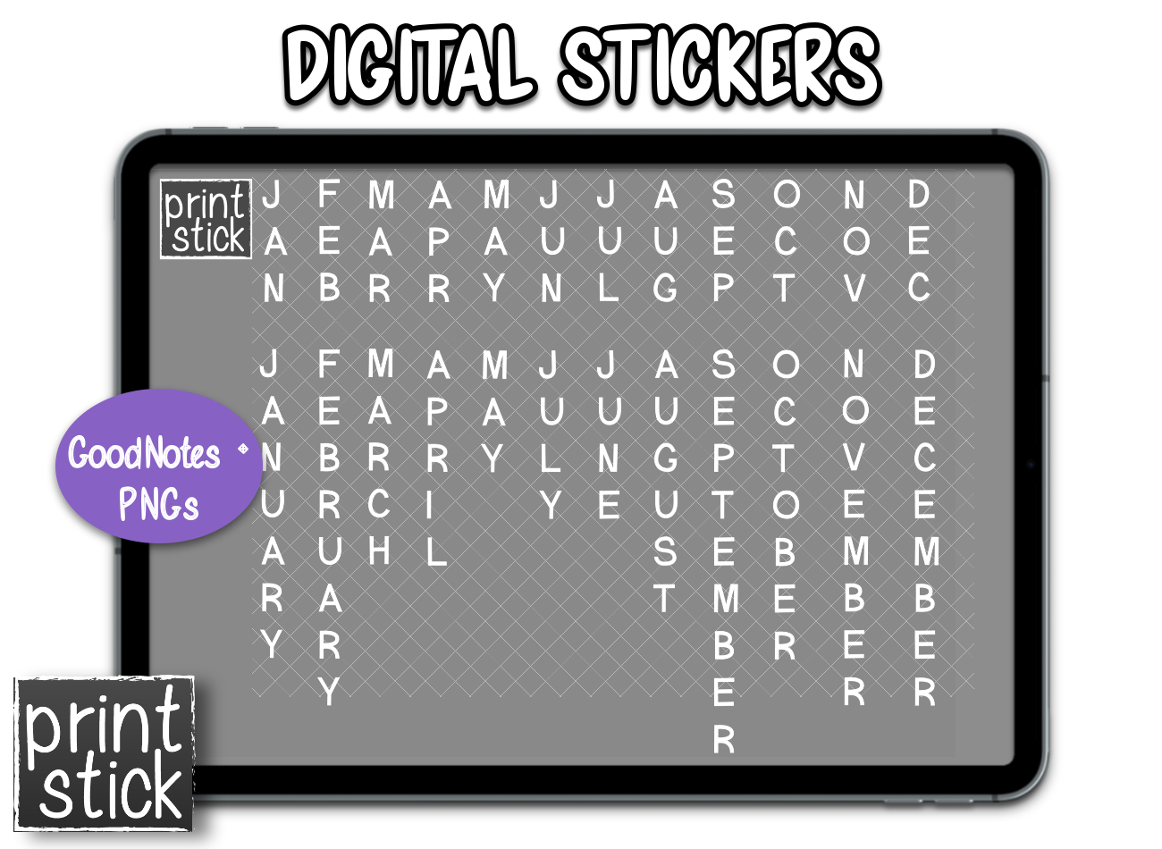 SS Month Labels - Vertical Digital Planner Stickers - Print Stick