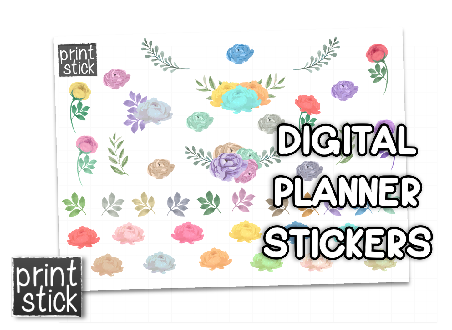 SS Watercolor Florals 1 Digital Planner Stickers - Print Stick