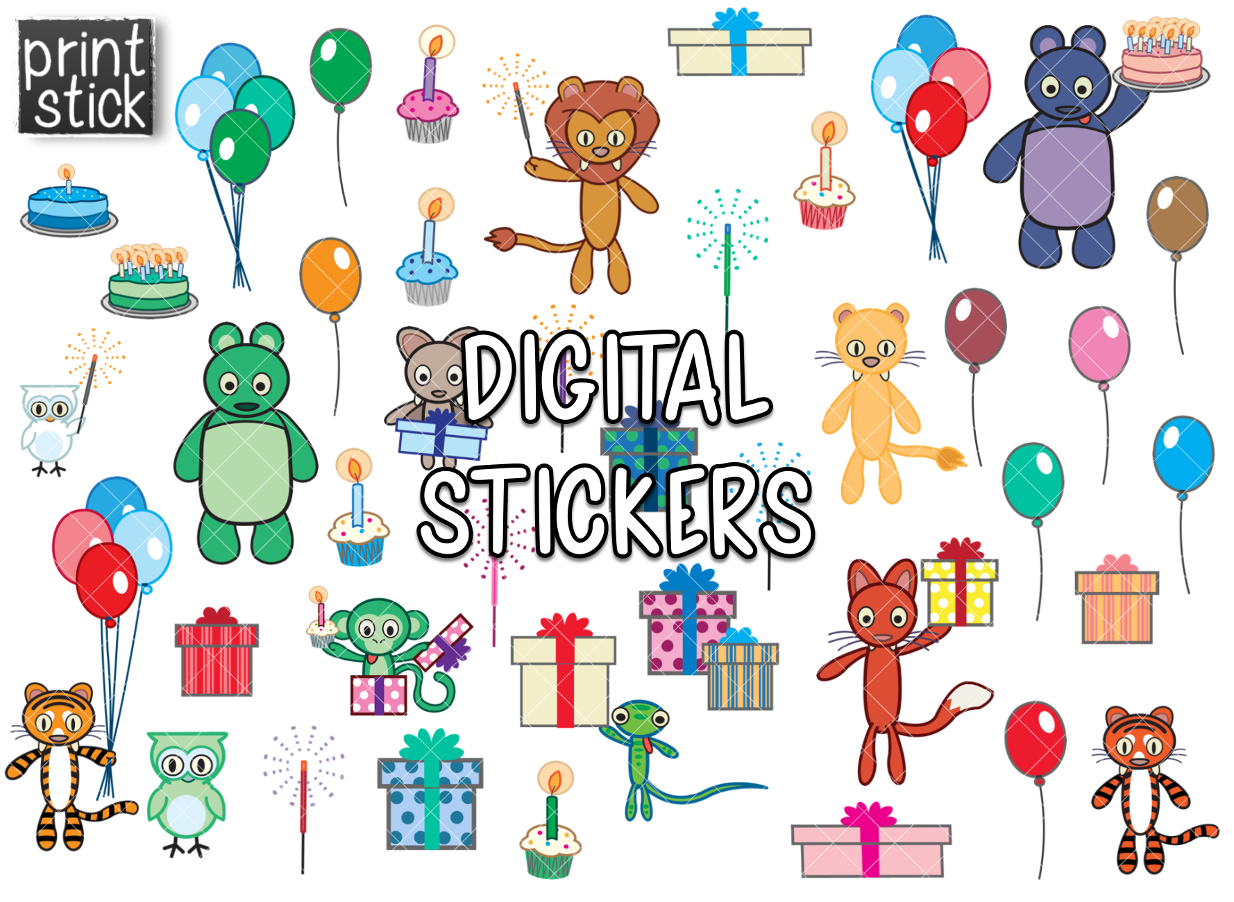 SS- Party Animals Digital Planner Stickers - Print Stick