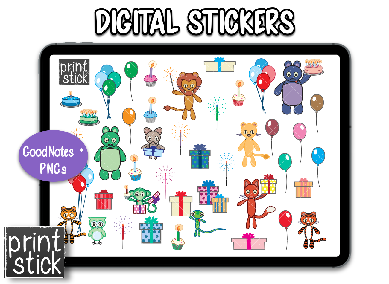 SS- Party Animals Digital Planner Stickers - Print Stick