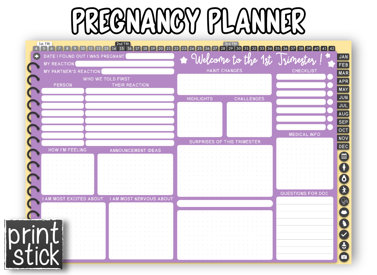 Pregnancy Planner - Undated Digital Planner - Print Stick