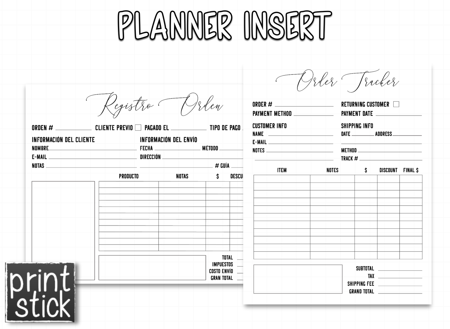 Planner Inserts - 'Black' Style - Print Stick