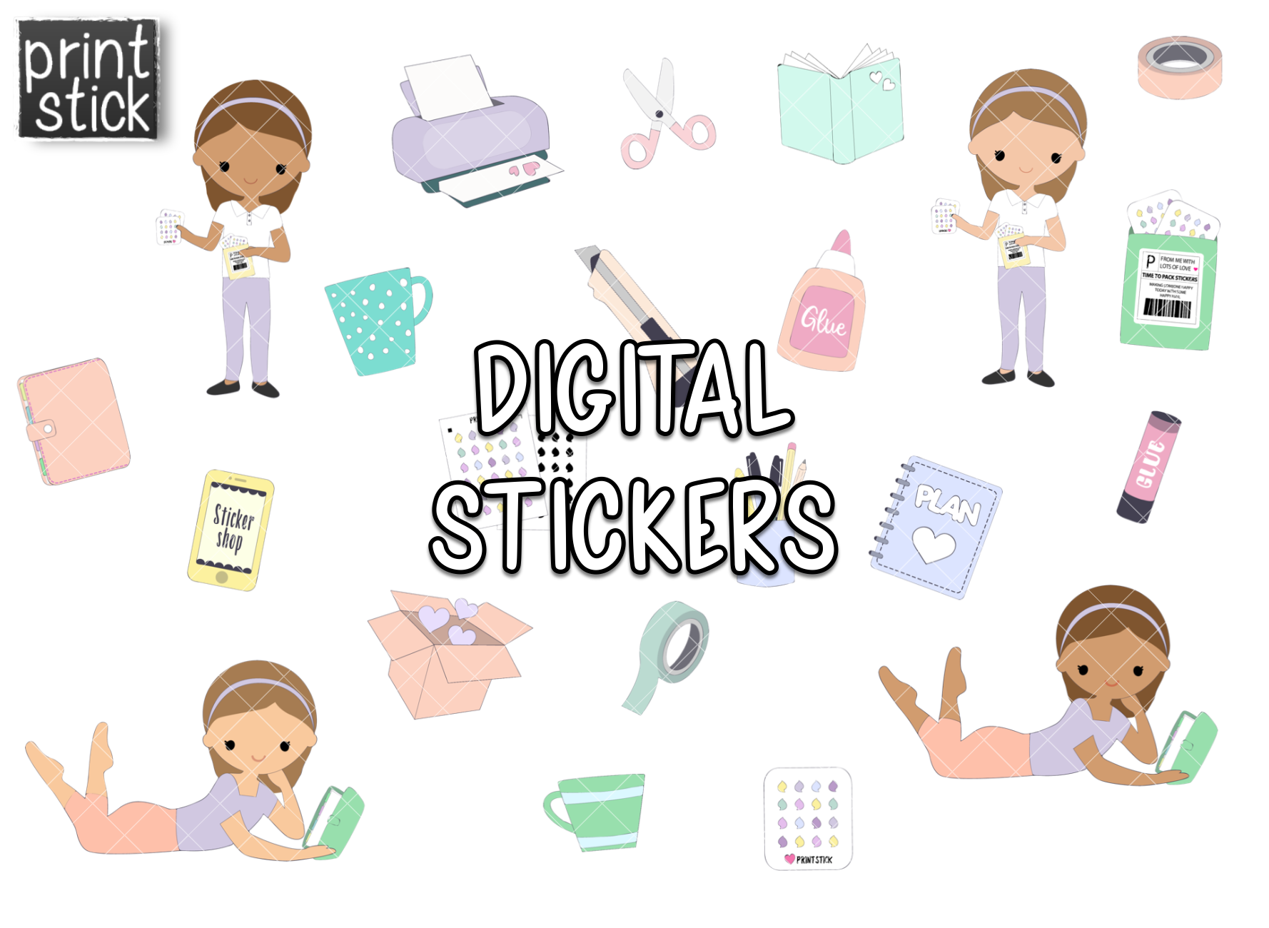 SS Paper Planner Girl Digital Planner Stickers - Print Stick