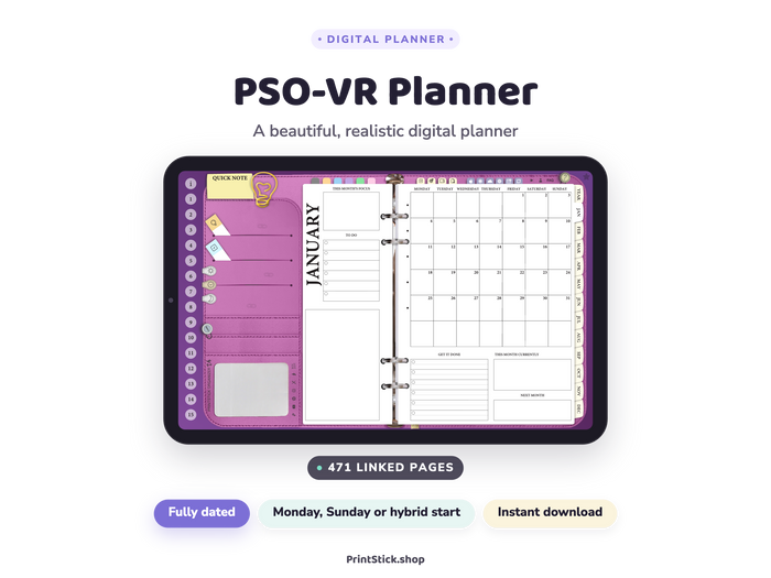 Introducing the 2027 PrintStick Organizer (PSO-VR): A Realistic Digital Planner in 7 Colors with Your Choice of Start Day