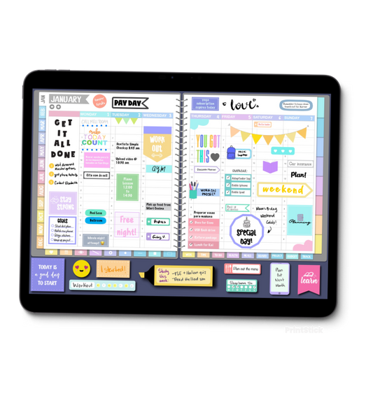 Vida Planner displayed on a tablet with a colorful, decorated weekly spread.
