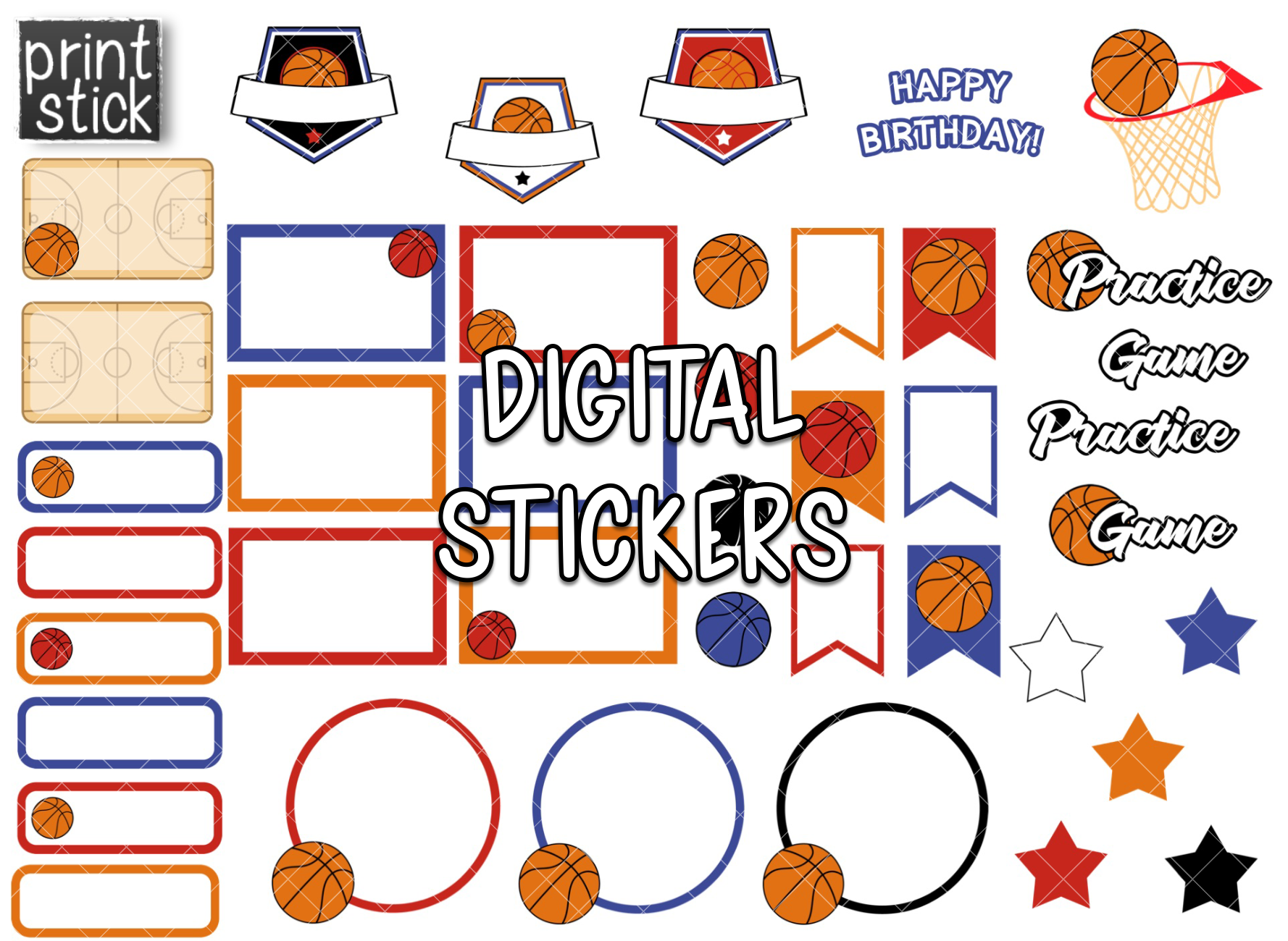 SS Basketball Digital Planner Stickers - Print Stick