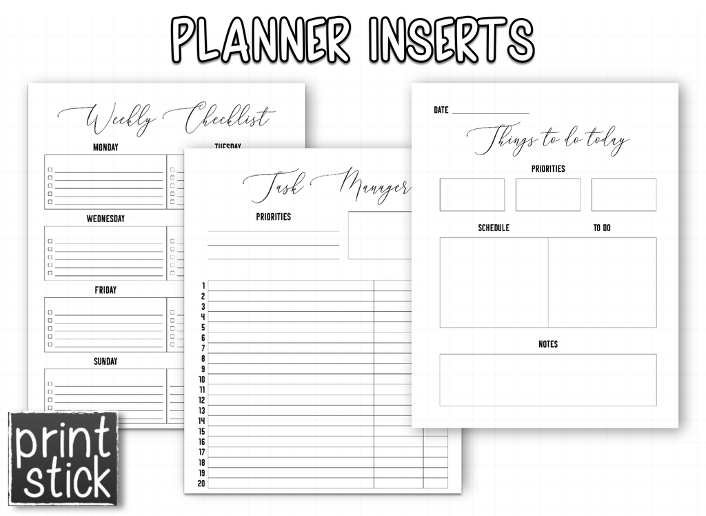 Planner Inserts - 'Black' Style - Print Stick