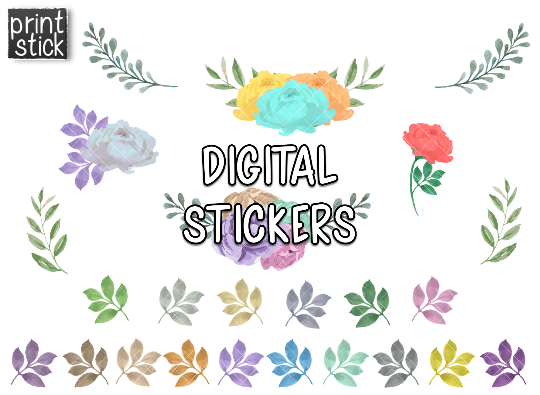 SS Watercolor Florals 1 Digital Planner Stickers - Print Stick