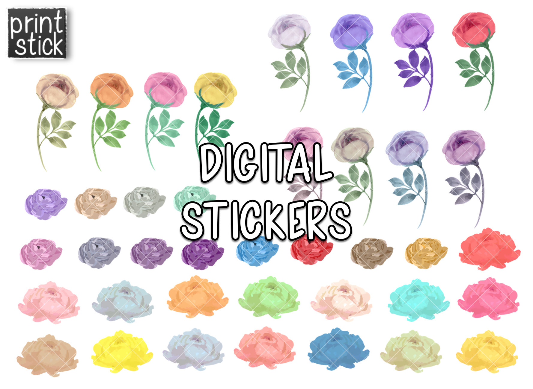 SS Watercolor Florals 1 Digital Planner Stickers - Print Stick