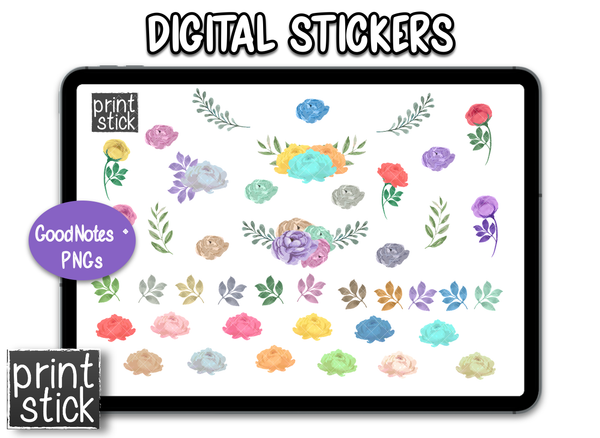 SS Watercolor Florals 1 Digital Planner Stickers - Print Stick