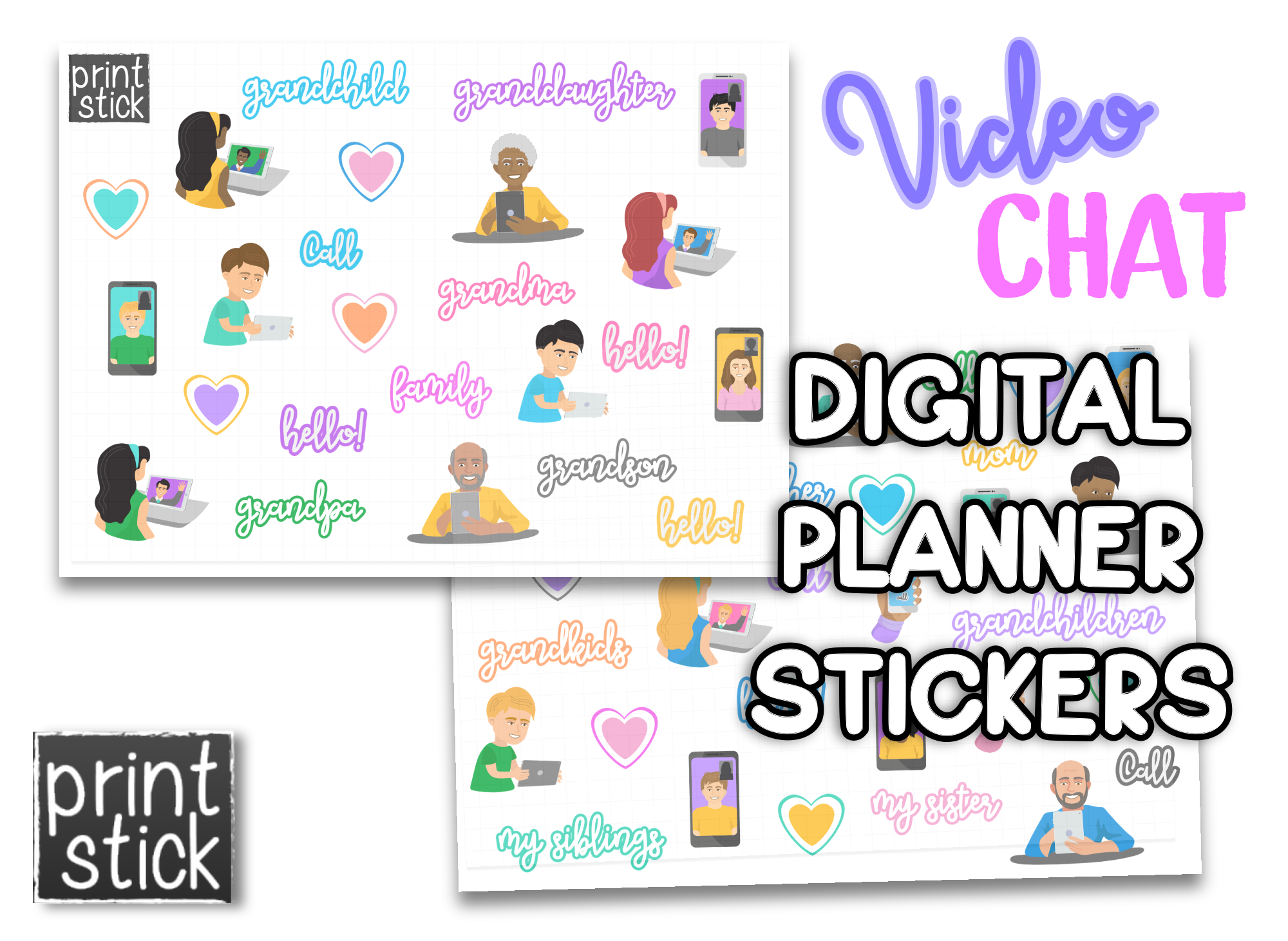 SS Video Chat Digital Planner Stickers - Print Stick